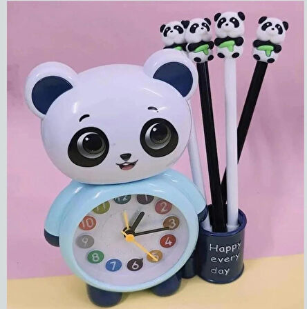 Panda Tasarımlı Saat Kalemlik  Kızlar ve Erkekler İçin Yatak Odaları ve Oyun Odaları Saati mavi renk