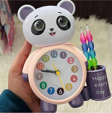 Panda Tasarımlı Saat Kalemlik  Kızlar ve Erkekler İçin Yatak Odaları ve Oyun Odaları Saati yavruağzı renk