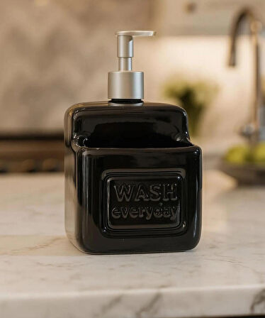 Şık ve Pratik Seramik Süngerlikli Sıvı Sabunluk/Deterjanlık, Siyah, 500 ml