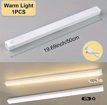50 cm Beyaz Işık Hareket Sensörlü Dolap Içi Çalışma Masası Mutfak Tezgah Altı USB LED Işık