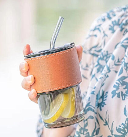  Füme Renkli Cam Pipetli Cam Bardak ve Deri Tutma Kılıflı Soğuk Sıcak İçecek Bardağı