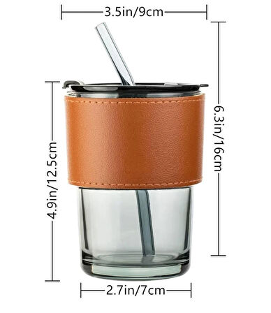  Füme Renkli Cam Pipetli Cam Bardak ve Deri Tutma Kılıflı Soğuk Sıcak İçecek Bardağı