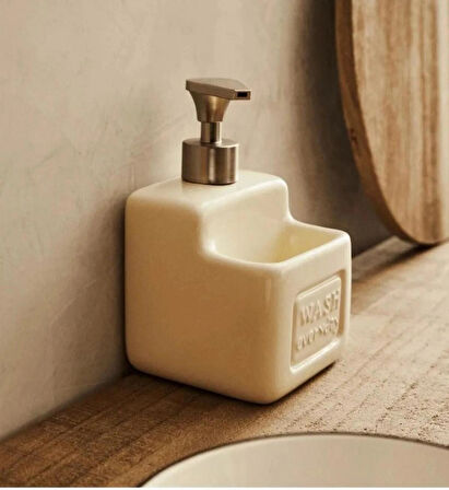 Şık ve Pratik Seramik Süngerlikli Sıvı Sabunluk/Deterjanlık, krem, 500 ml