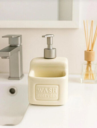 Şık ve Pratik Seramik Süngerlikli Sıvı Sabunluk/Deterjanlık, krem, 500 ml