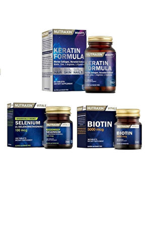 Nutraxin Keratin Formula 60 T. + Biotin 5000mcg 30 T. + Selenyum100mcg 100 T.