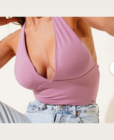 Intive V Yaka Çıkarılabilir Padli Boyundan Bağlamalı Croptop/Büstiyer