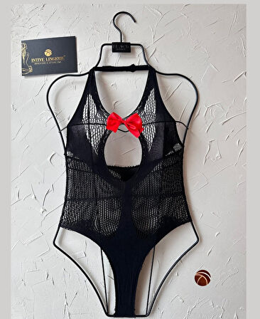 Intive Göğsü Kurdeleli Fileli Esnek Wrap Kesim Dekolteli Bodysuit/Vücut Çorabı/Mayokini