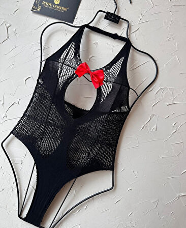 Intive Göğsü Kurdeleli Fileli Esnek Wrap Kesim Dekolteli Bodysuit/Vücut Çorabı/Mayokini