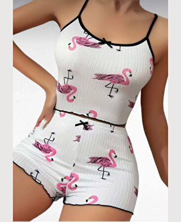 Lily Pembe/Beyaz Flamingo Desenli %100 Pamuk İnce Askılı Büstiyer Şort Takım