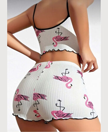 Lily Pembe/Beyaz Flamingo Desenli %100 Pamuk İnce Askılı Büstiyer Şort Takım