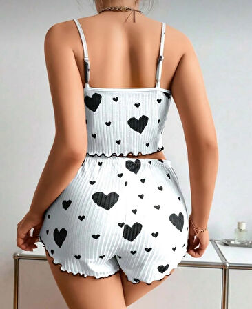 Lily Kırmızı/Siyah Kalp Desenli Kurdele Detaylı %100 Pamuk İnce Askılı Büstiyer Şort Takım