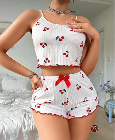 Lily Beyaz Kırmızı Kiraz Desenli %100 Pamuk İnce Askılı Büstiyer Şort Takım