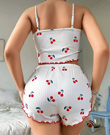 Lily Beyaz Kırmızı Kiraz Desenli %100 Pamuk İnce Askılı Büstiyer Şort Takım
