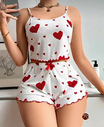 Lily Kırmızı/Siyah Kalp Desenli Kurdele Detaylı %100 Pamuk İnce Askılı Büstiyer Şort Takım