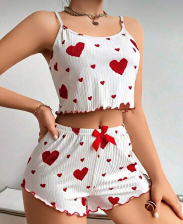 Lily Kırmızı/Siyah Kalp Desenli Kurdele Detaylı %100 Pamuk İnce Askılı Büstiyer Şort Takım