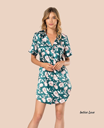 Moongirl Petrol Mavisi Pudra Çiçek Desen Baskılı Gömlek Yaka Kesim Kısa Kollu Yandan Saten Gecelik