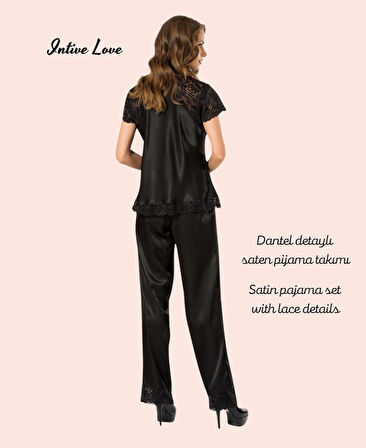 Moongirl Siyah Derin V Dekolte Volan Dantel Detaylı Uzun Kollu Saten Pijama Takımı