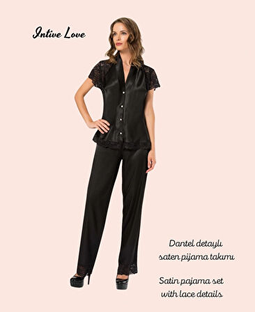 Moongirl Siyah Derin V Dekolte Volan Dantel Detaylı Uzun Kollu Saten Pijama Takımı