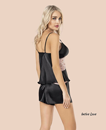 Moongirl Siyah/Pudra Saten Dantel Detaylı V Yaka Askılı Büstiyerli Mini Şortlu Pijama Takımı