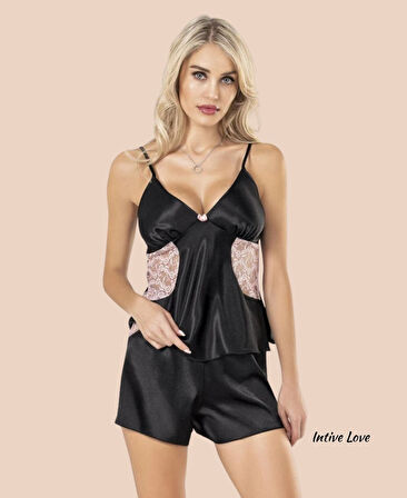 Moongirl Siyah/Pudra Saten Dantel Detaylı V Yaka Askılı Büstiyerli Mini Şortlu Pijama Takımı