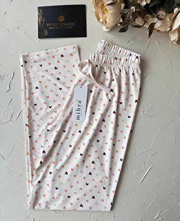 Intive Pembe/Somon Küçük Kalp Desenli Açık Bej Beli Lastikli Milan Pijama Altı