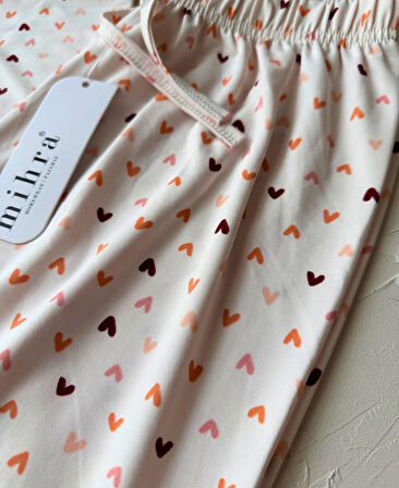 Intive Pembe/Somon Küçük Kalp Desenli Açık Bej Beli Lastikli Milan Pijama Altı