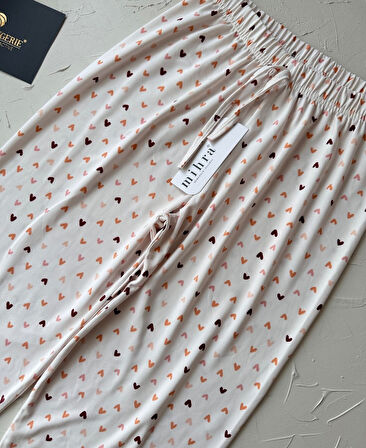 Intive Pembe/Somon Küçük Kalp Desenli Açık Bej Beli Lastikli Milan Pijama Altı