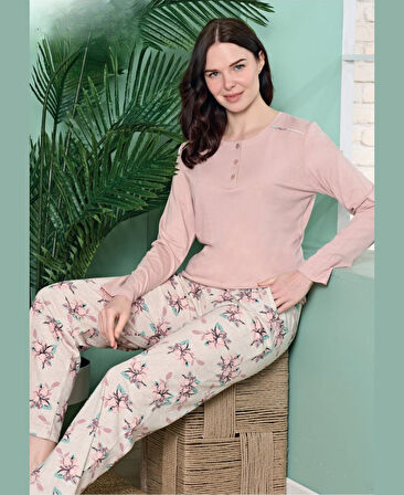 Poleren Modal Kumaş Rahat Gömlek Pantolon/Sıfır Yaka Desenli Düz Battal Pijama Takımları