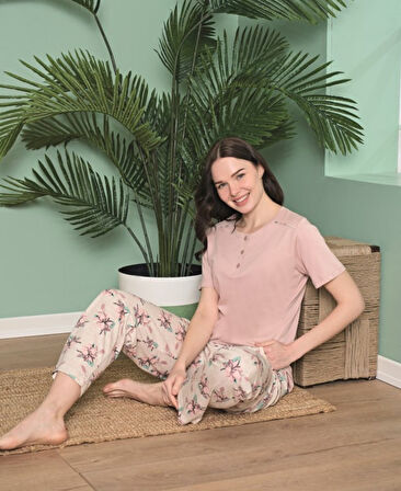 Poleren Modal Kumaş Rahat Gömlek Pantolon/Sıfır Yaka Desenli Düz Battal Pijama Takımları