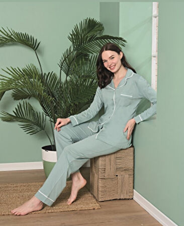 Poleren Modal Kumaş Rahat Gömlek Pantolon/Sıfır Yaka Desenli Düz Battal Pijama Takımları