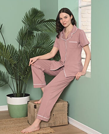 Poleren Modal Kumaş Rahat Gömlek Pantolon/Sıfır Yaka Desenli Düz Battal Pijama Takımları