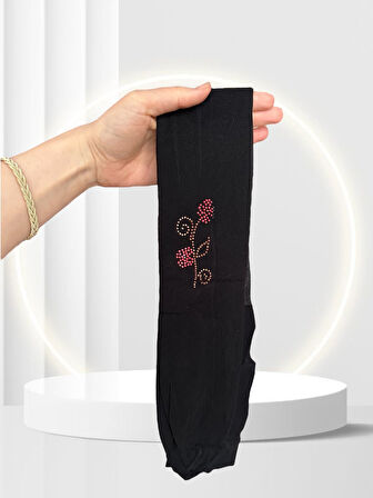 Bitter 20 Den Siyah Yanı Çiçek Silüetli Pullu/Taşlı Külotlu Çorap