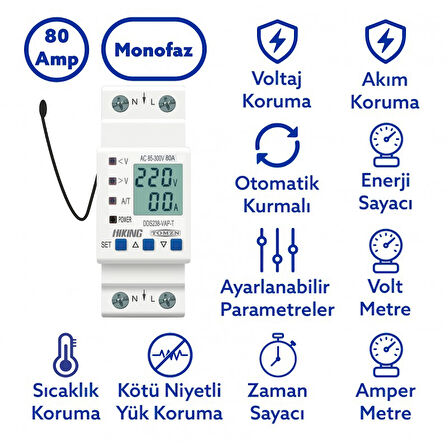 Tomzn Hiking Sıcaklık Korumalı Voltaj ve Akım Koruma Rölesi 80A Dahili Kontaktör Elektrik Bekçisi