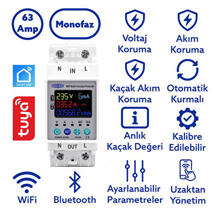 Tomzn Kaçak Akım Koruma Rölesi Ve Yüksek Voltaj Ve Akım Koruyucu Röle 63A Wifi Özellikli Devrim