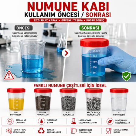Numune Kabı Ölçekli Şeffaf Gövdeli Kırmızı Vidalı Kapaklı 250 ml 5 Adet