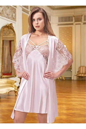 Kadın Siyah Saten Dantelli Gecelik Sabahlık Takımı