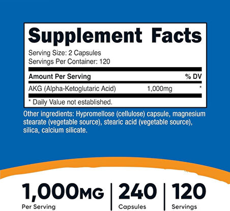 Nutricost AKG Alpha Ketoglutaric Acid  1,000 mg 240 Caps  Glutamine & Arginine, Energy Support