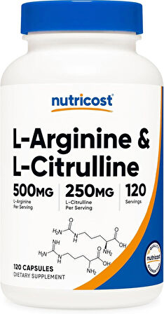 Nutricost L-Arginine(Arjinin) L-Citrulline(Sitrulin) Complex 750mg, 120 Caps