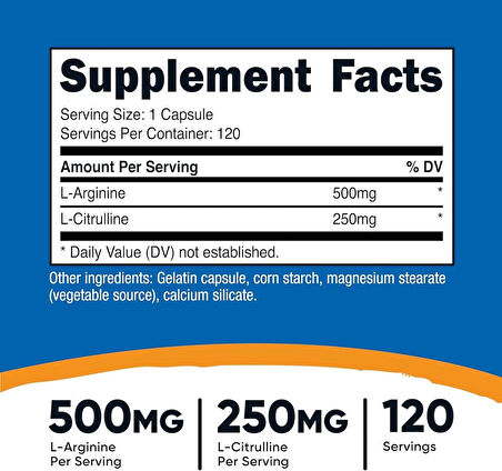 Nutricost L-Arginine(Arjinin) L-Citrulline(Sitrulin) Complex 750mg, 120 Caps