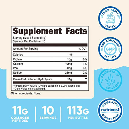 Nutricost Grass-Fed Collagen(Kolajen) Powder 4 oz (Unflavored) - Gluten Free and Non-GMO