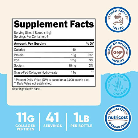 Nutricost Collagen(Kolajen) Peptides Powder 1LB (454 G) - Grass Fed Bovine Collagen Hydrolysate (Unflavored)