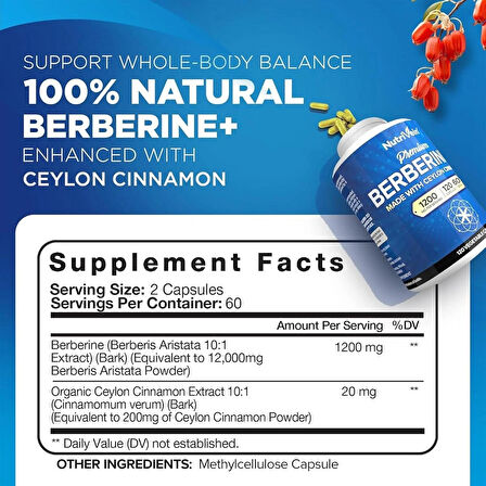 Nutrivein Premium Berberine HCL 1200 mg Ceylon Cinnamon Defenses, Digestion, & Metabolism - 120 Caps
