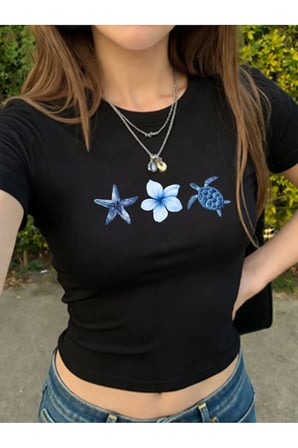 Kadın Deniz Temalı Crop Baby Tee Yıldız Çiçek Kaplumbağa Baskılı Y2K Estetik %100 Pamuk Tişört