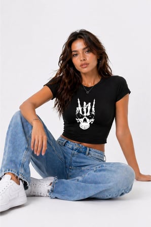 Kadın Baby Tee Crop Tişört Kuru Kafa Baskılı Dark Aesthetic Slim Fit %100 Pamuk