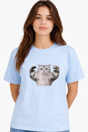 Nevermind Kadın Tişört Baskılı Kedi Desenli Basic Günlük Rahat %100 Pamuk