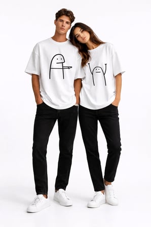 Komik Çöp Adam Çift Tişörtü Oversize Unisex Sevgili Kombini Baskılı Beyaz Tişört
