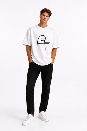 Komik Çöp Adam Çift Tişörtü Oversize Unisex Sevgili Kombini Baskılı Beyaz Tişört