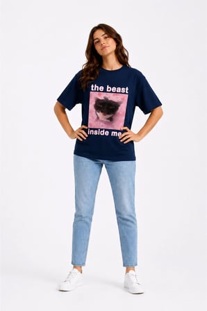 Nevermind The Beast Inside Me Baskılı Unisex Oversize Tişört Siyah Kedi Grafik Tişört
