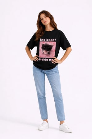 The Beast Inside Me Baskılı Unisex Oversize Tişört Siyah Kedi Grafik Tasarım %100 Pamuk Streetwear Tişört