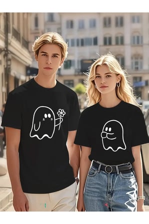 Sevgili Kombin Tişörtü Hayalet Baskılı Çift Kombini Unisex Oversize %100 Pamuk Tişört Seti
